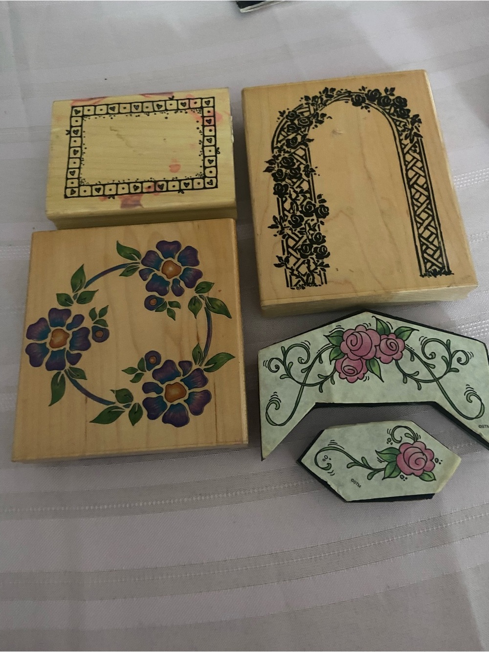 Wooden Floral Rubber Stamp Of 5